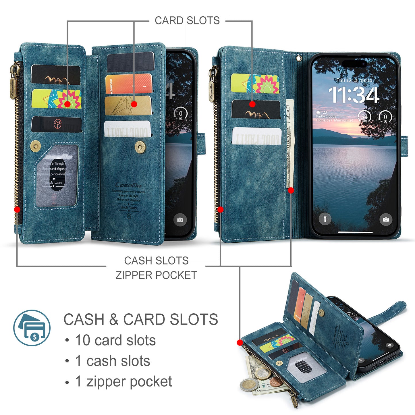 For iPhone 17 Pro Max Phone Cases with Strap CASEME C30 Zipper Multiple Card Holder PU Leather Cover - Blue