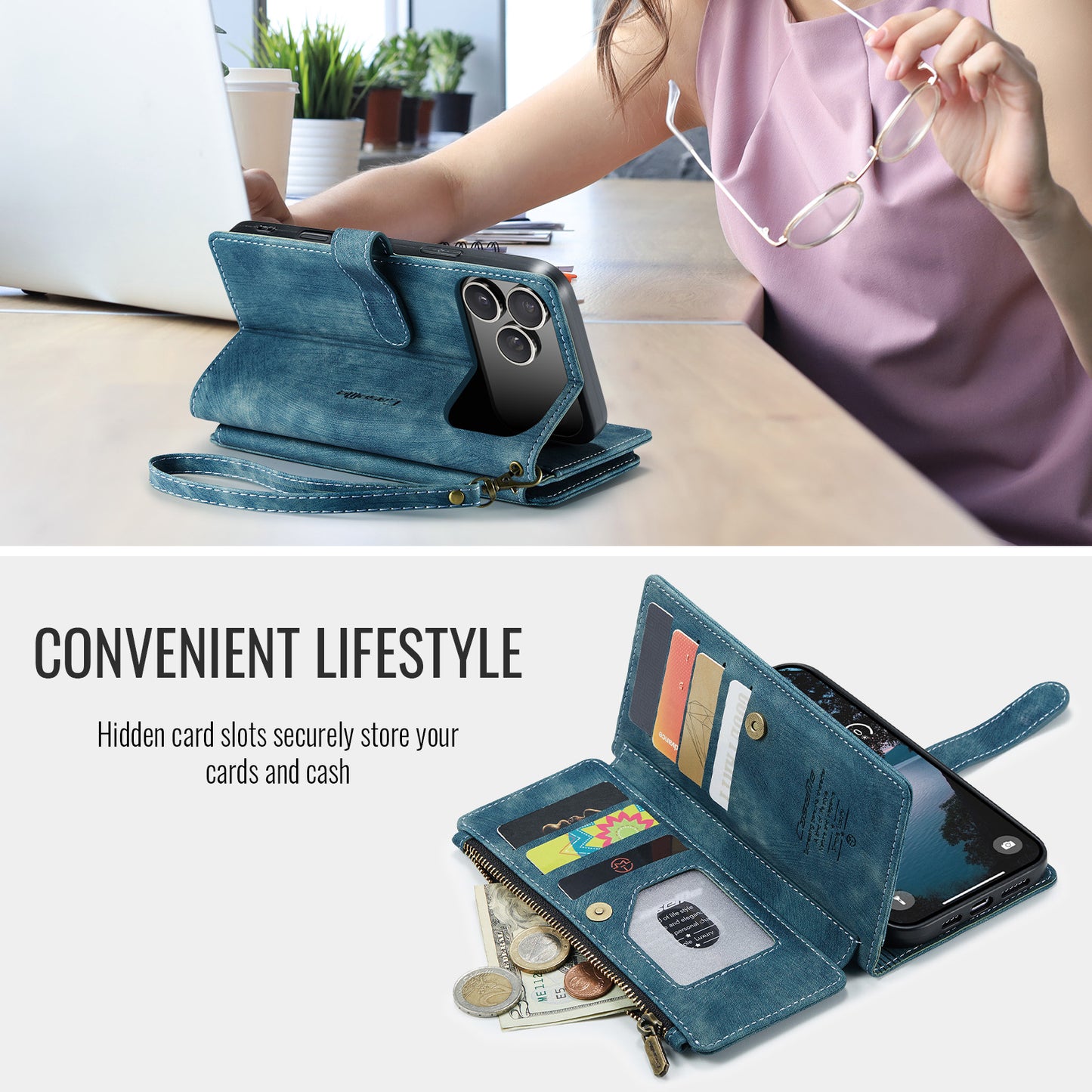 For iPhone 17 Pro Max Phone Cases with Strap CASEME C30 Zipper Multiple Card Holder PU Leather Cover - Blue