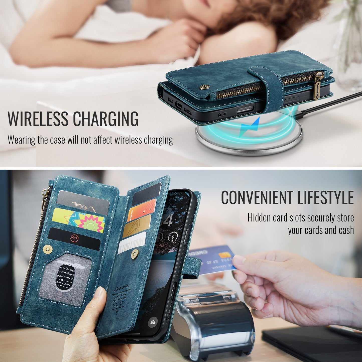 For iPhone 17 Pro Max Phone Cases with Strap CASEME C30 Zipper Multiple Card Holder PU Leather Cover - Blue