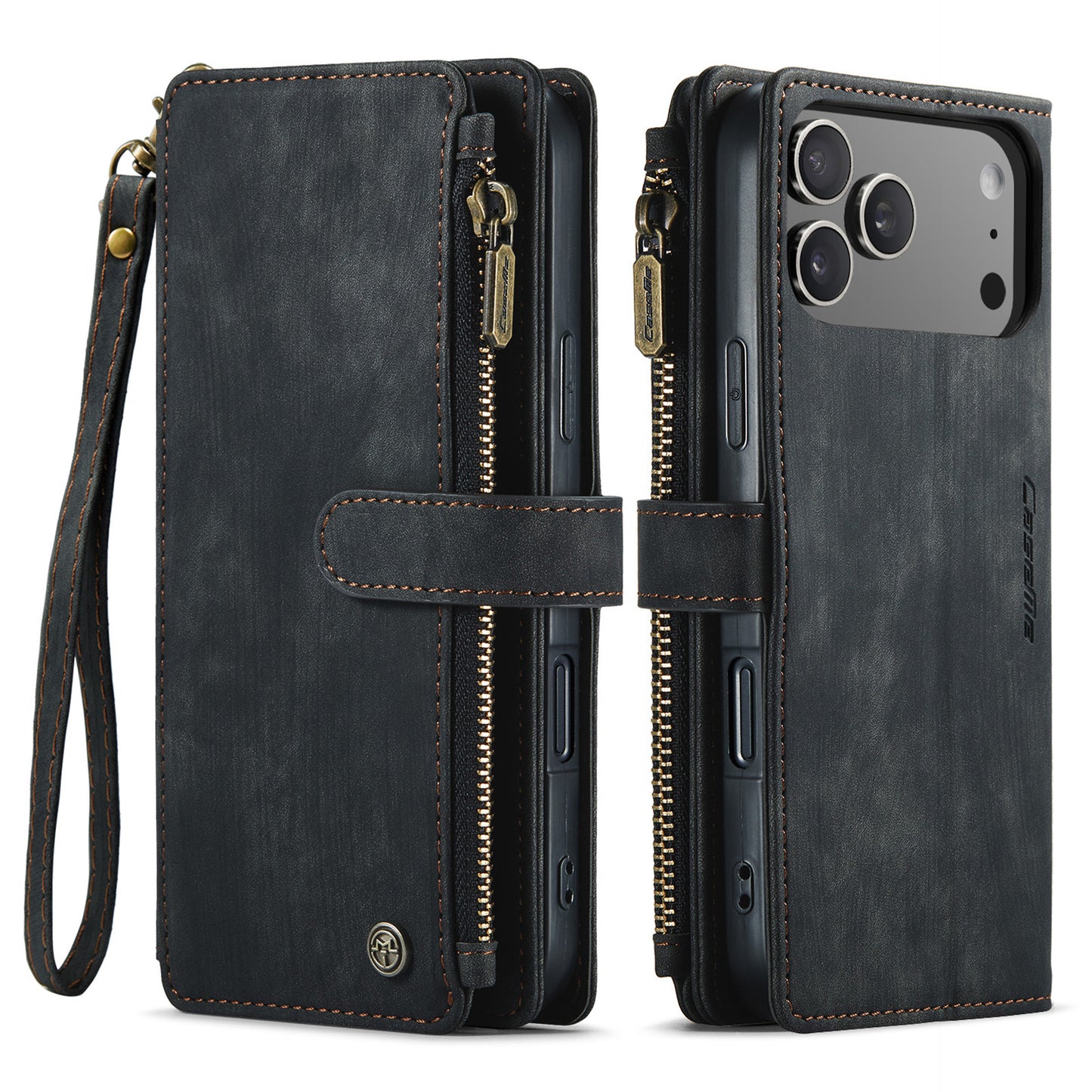 For iPhone 17 Pro Max Phone Cases with Strap CASEME C30 Zipper Multiple Card Holder PU Leather Cover - Black