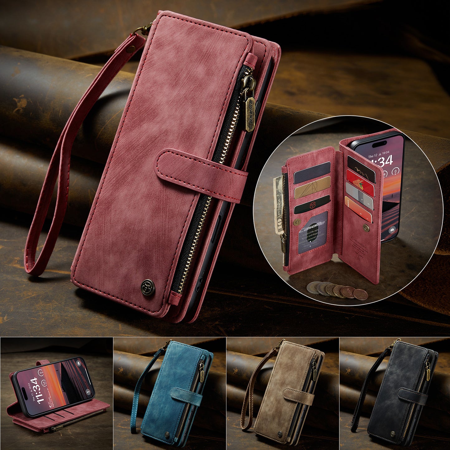 For iPhone 17 Pro Max Phone Cases with Strap CASEME C30 Zipper Multiple Card Holder PU Leather Cover - Red