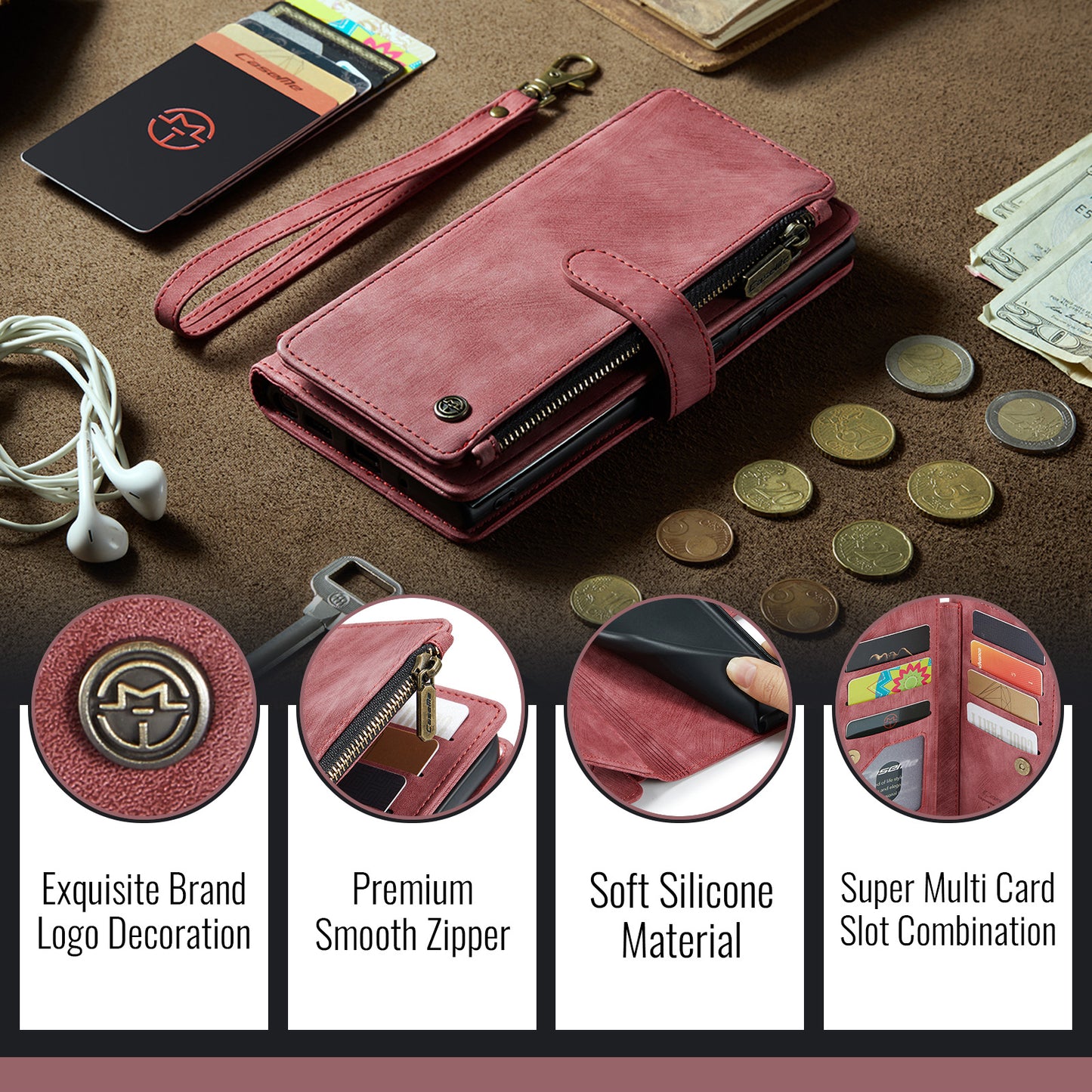 For iPhone 17 Pro Max Phone Cases with Strap CASEME C30 Zipper Multiple Card Holder PU Leather Cover - Red