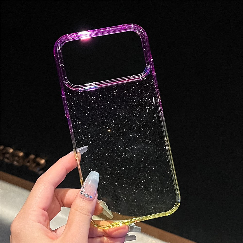For iPhone 17 Pro Max Case Transparent Glitter Dual Color PC + TPU Phone Cover - Purple / Yellow
