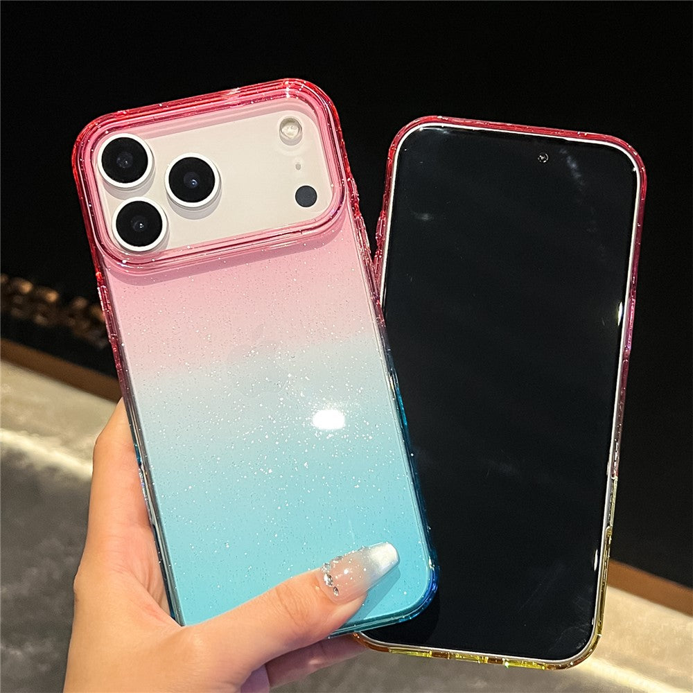 For iPhone 17 Pro Max Case Transparent Glitter Dual Color PC + TPU Phone Cover - Purple / Yellow
