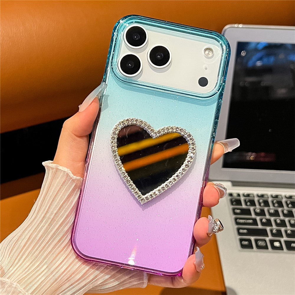 For iPhone 17 Pro Max Case Glitter Dual Color PC + TPU Clear Phone Cover with Heart-Shape Mirror - Sky Blue / Purple