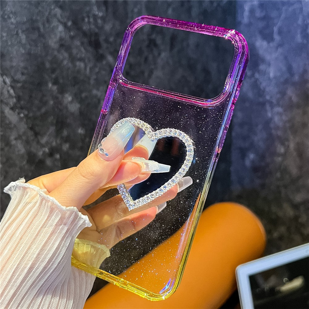 For iPhone 17 Pro Max Case Glitter Dual Color PC + TPU Clear Phone Cover with Heart-Shape Mirror - Sky Blue / Purple