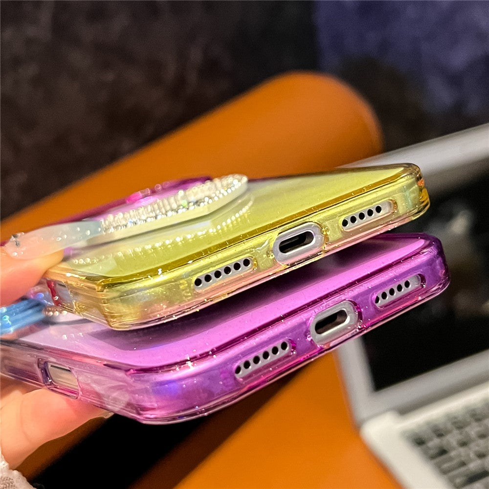 For iPhone 17 Pro Max Case Glitter Dual Color PC + TPU Clear Phone Cover with Heart-Shape Mirror - Sky Blue / Purple