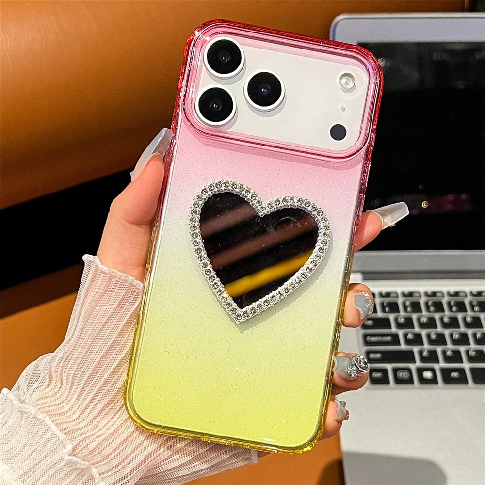 For iPhone 17 Pro Max Case Glitter Dual Color PC + TPU Clear Phone Cover with Heart-Shape Mirror - Pink / Yellow