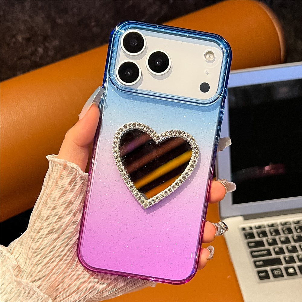 For iPhone 17 Pro Max Case Glitter Dual Color PC + TPU Clear Phone Cover with Heart-Shape Mirror - Blue / Purple