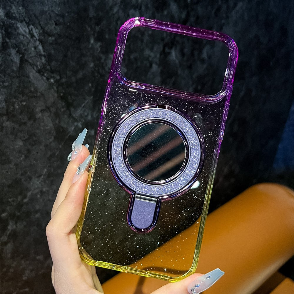 For iPhone 17 Pro Max Case Glitter PC + TPU Clear Mirror Kickstand Phone Cover with Compatible with MagSafe - Purple / Yellow