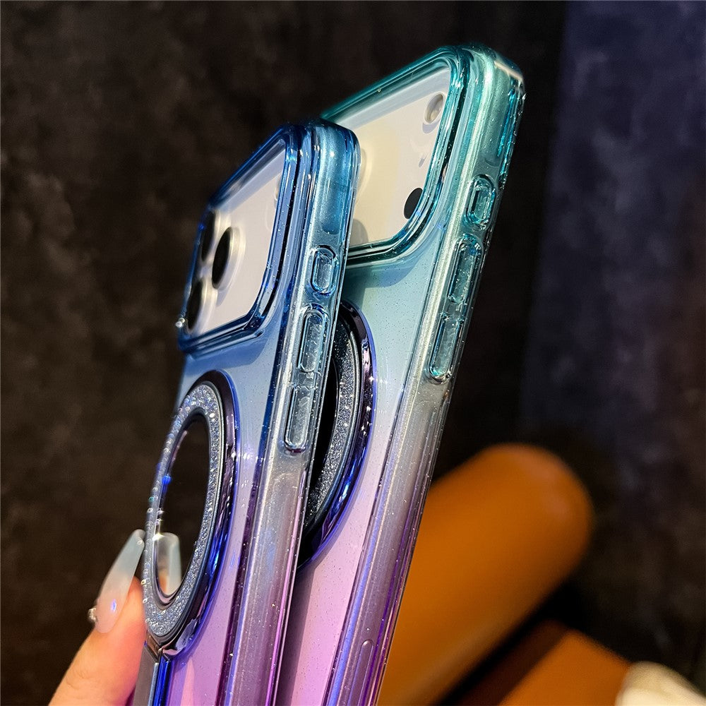 For iPhone 17 Pro Max Case Glitter PC + TPU Clear Mirror Kickstand Phone Cover with Compatible with MagSafe - Sky Blue / Purple