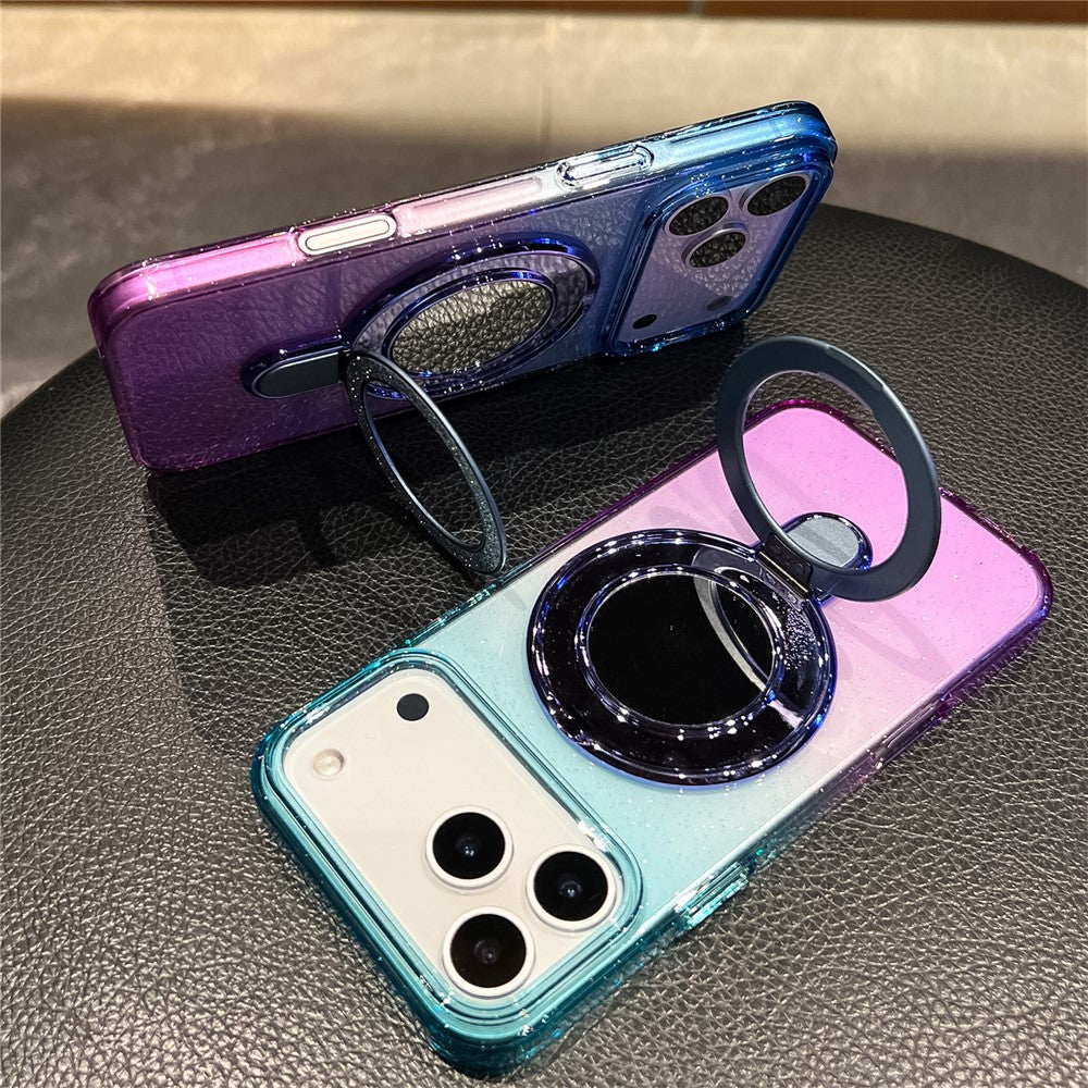For iPhone 17 Pro Max Case Glitter PC + TPU Clear Mirror Kickstand Phone Cover with Compatible with MagSafe - Blue / Purple