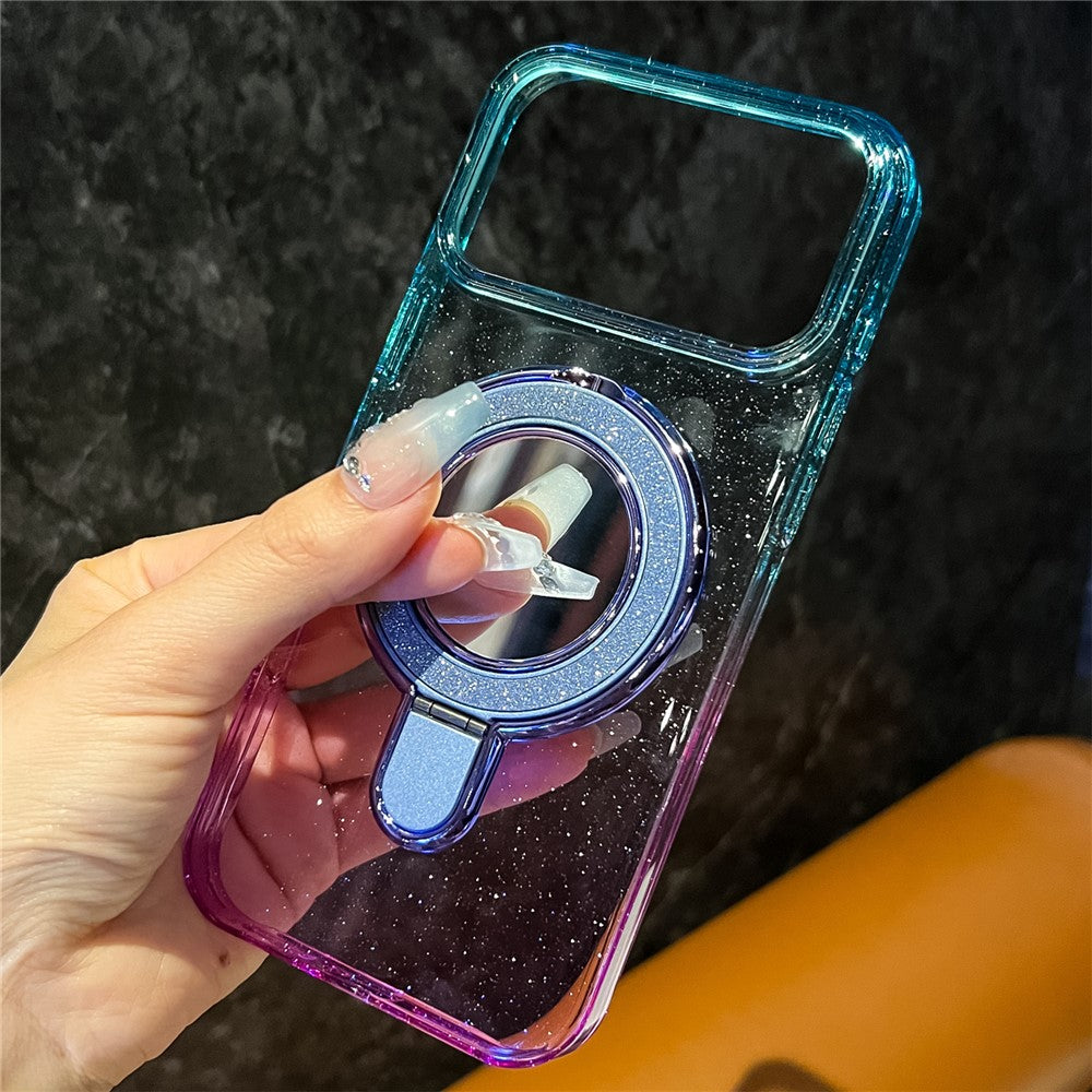 For iPhone 17 Pro Max Case Glitter PC + TPU Clear Mirror Kickstand Phone Cover with Compatible with MagSafe - Pink / Yellow