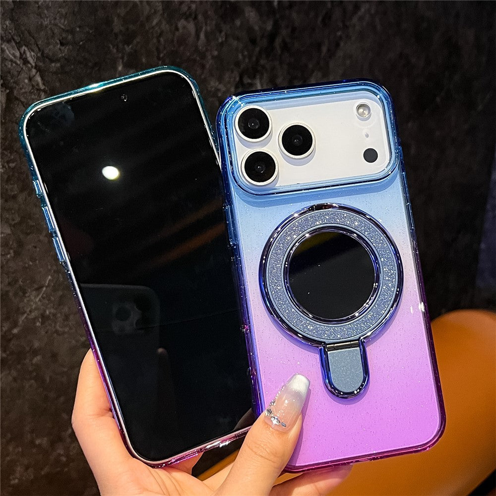 For iPhone 17 Pro Max Case Glitter PC + TPU Clear Mirror Kickstand Phone Cover with Compatible with MagSafe - Pink / Yellow