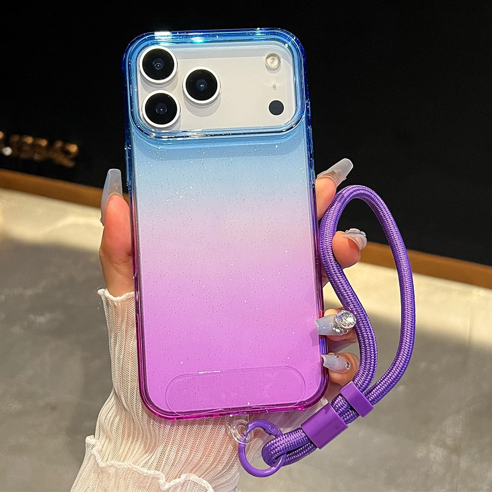 For iPhone 17 Pro Max Case Glitter Dual Color PC + TPU Clear Phone Cover with Hand Strap - Blue / Purple