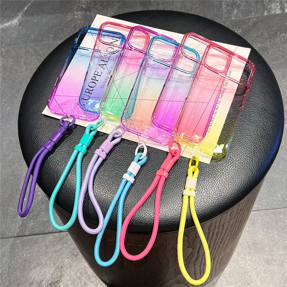 For iPhone 17 Pro Max Case Glitter Dual Color PC + TPU Clear Phone Cover with Hand Strap - Blue / Purple