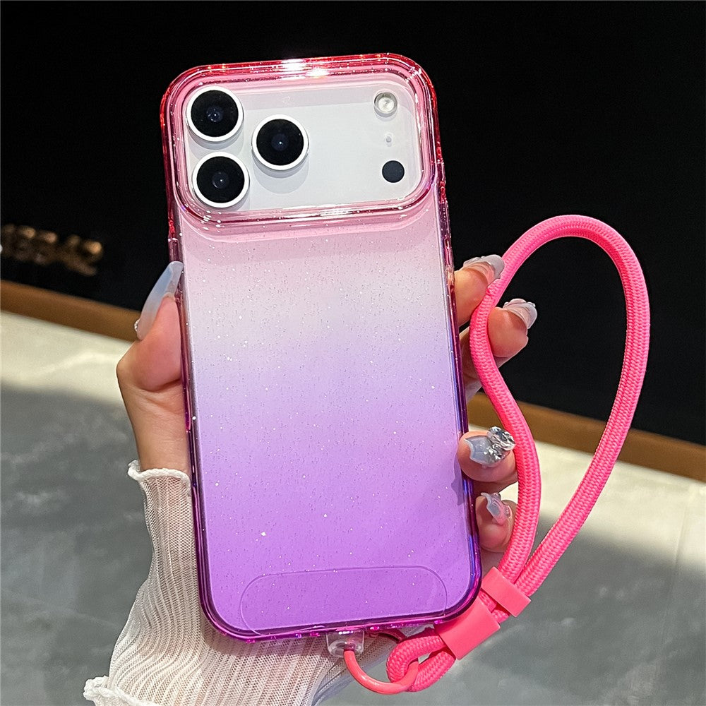 For iPhone 17 Pro Max Case Glitter Dual Color PC + TPU Clear Phone Cover with Hand Strap - Pink / Purple