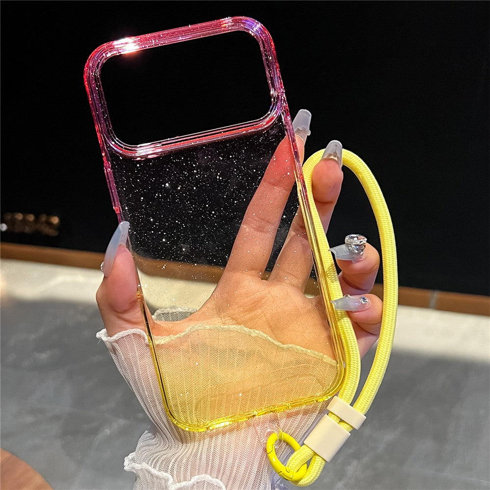 For iPhone 17 Pro Max Case Glitter Dual Color PC + TPU Clear Phone Cover with Hand Strap - Pink / Yellow