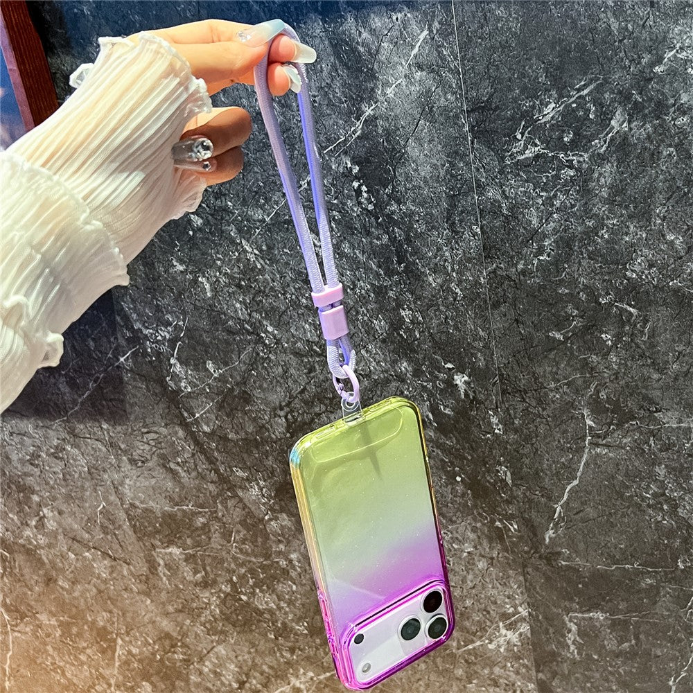 For iPhone 17 Pro Max Case Glitter Dual Color PC + TPU Clear Phone Cover with Hand Strap - Sky Blue / Purple