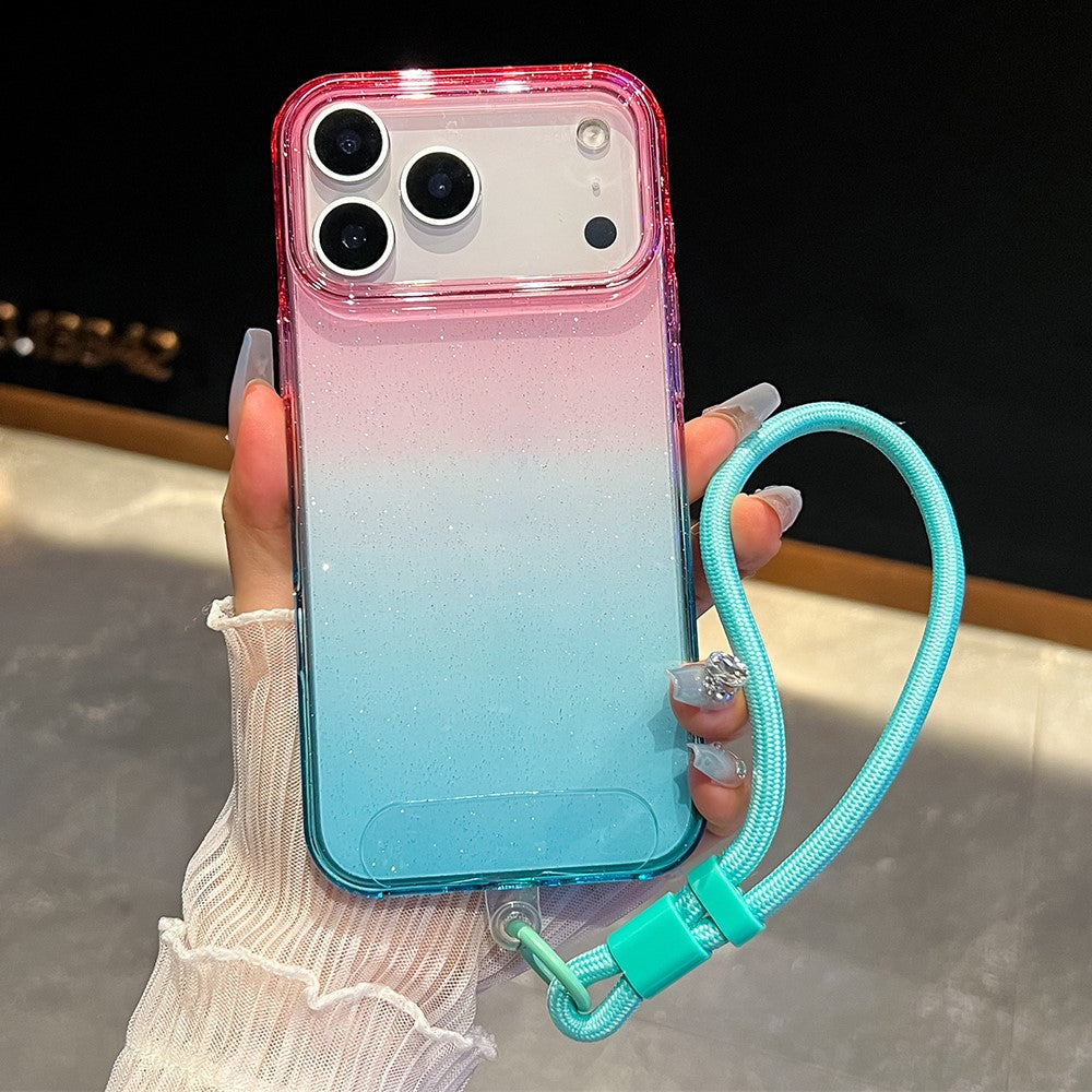 For iPhone 17 Pro Max Case Glitter Dual Color PC + TPU Clear Phone Cover with Hand Strap - Pink / Sky Blue