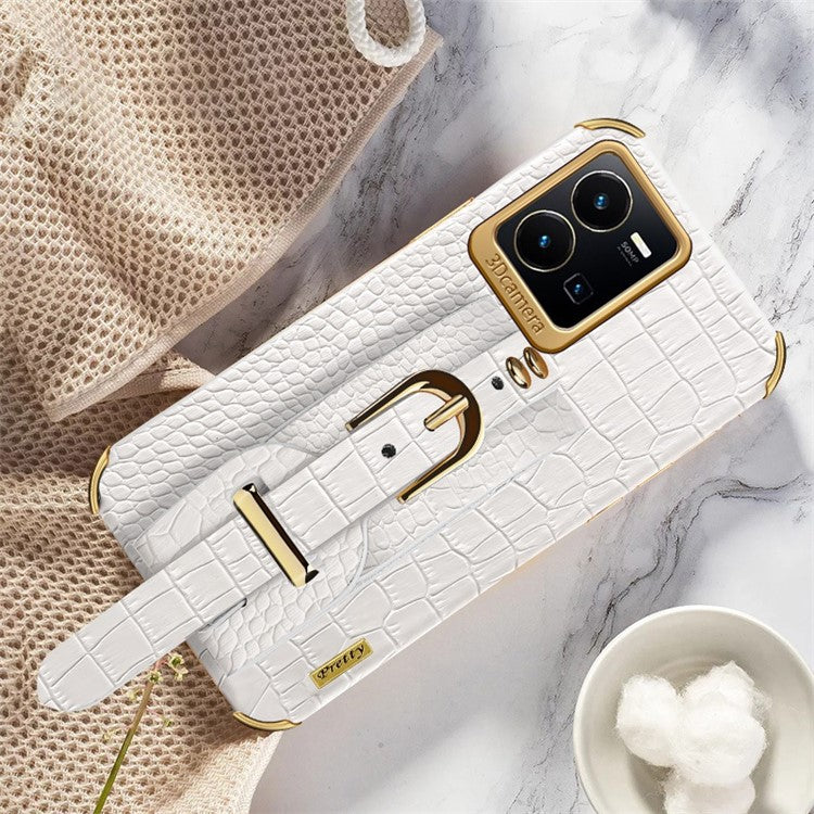 For vivo Y35 Electroplating Crocodile Texture PU Leather Coated TPU Case Hand Strap Kickstand Design Protective Cover - White