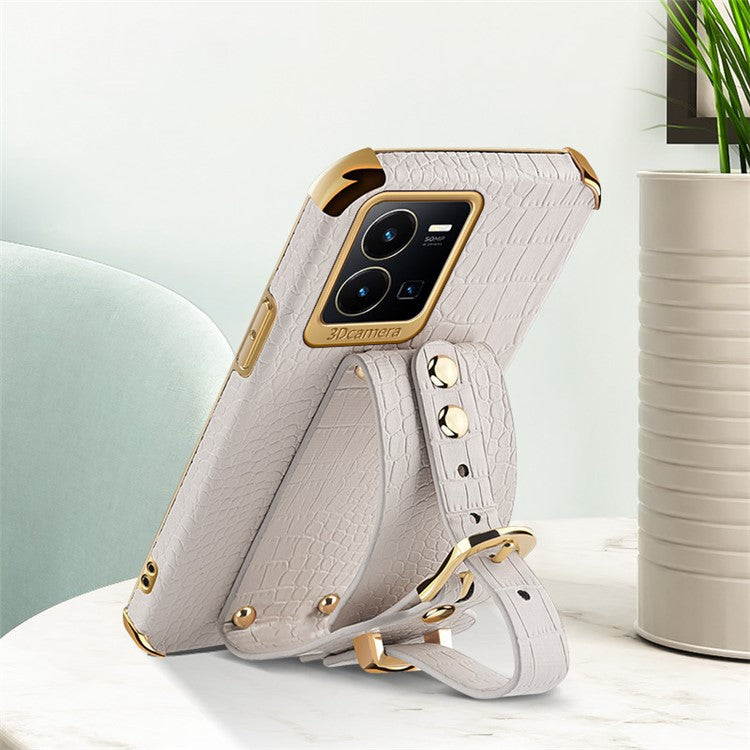 For vivo Y35 Electroplating Crocodile Texture PU Leather Coated TPU Case Hand Strap Kickstand Design Protective Cover - White