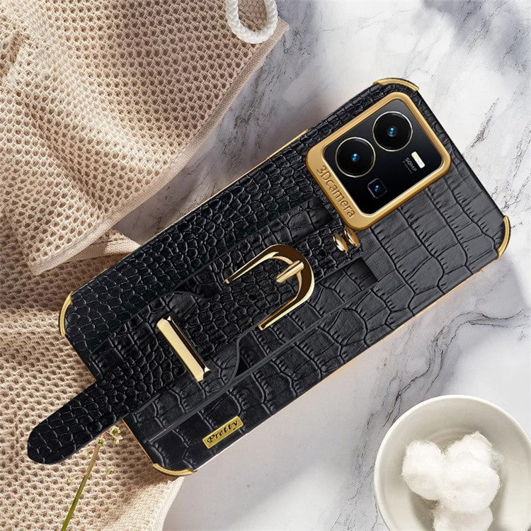 For vivo Y35 Electroplating Crocodile Texture PU Leather Coated TPU Case Hand Strap Kickstand Design Protective Cover - Black