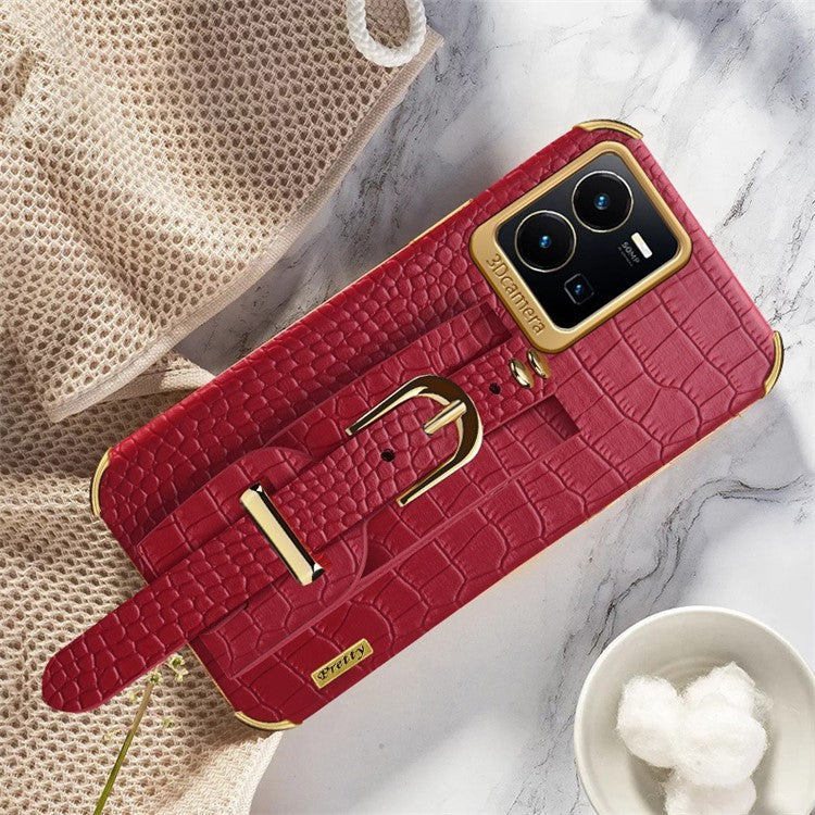 For vivo Y35 Electroplating Crocodile Texture PU Leather Coated TPU Case Hand Strap Kickstand Design Protective Cover - Red