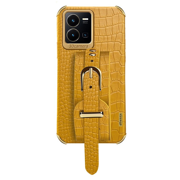 For vivo Y35 Electroplating Crocodile Texture PU Leather Coated TPU Case Hand Strap Kickstand Design Protective Cover - Yellow