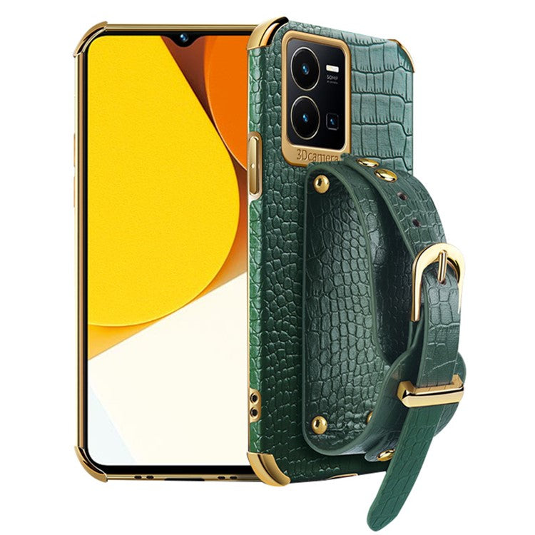 For vivo Y35 Electroplating Crocodile Texture PU Leather Coated TPU Case Hand Strap Kickstand Design Protective Cover - Green