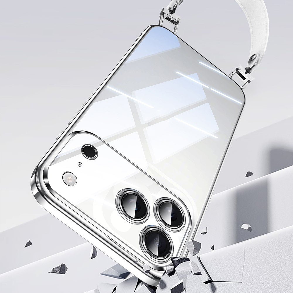SULADA For iPhone 17 Pro Max Case Electroplating Ultra Clear Soft TPU Phone Cover with PU Wrist Strap - Silver
