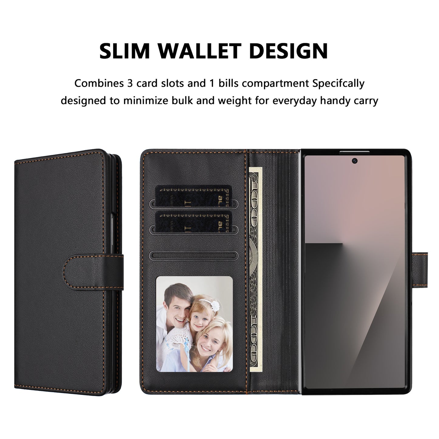 For Samsung Galaxy Z Fold7 5G Leather Case Wallet Stand Phone Cover with Wrist Strap - Black
