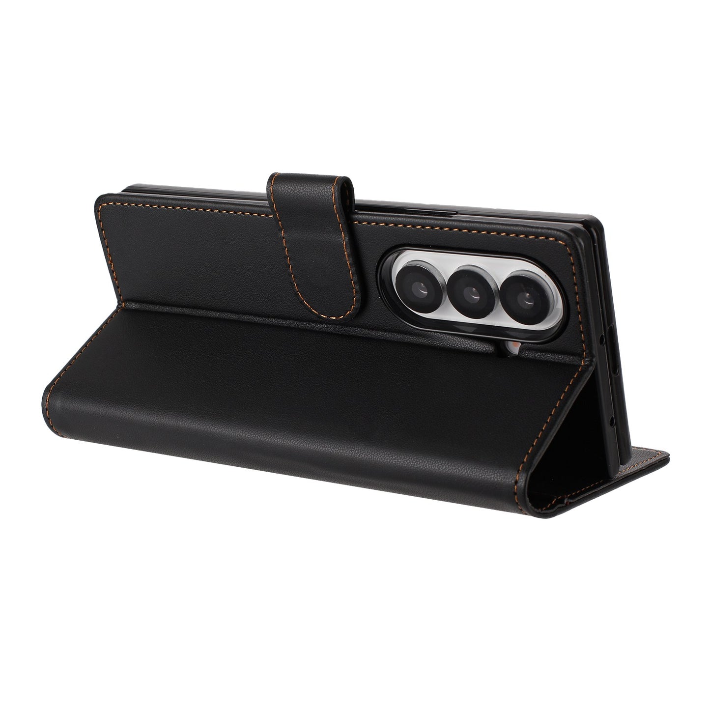 For Samsung Galaxy Z Fold7 5G Leather Case Wallet Stand Phone Cover with Wrist Strap - Black