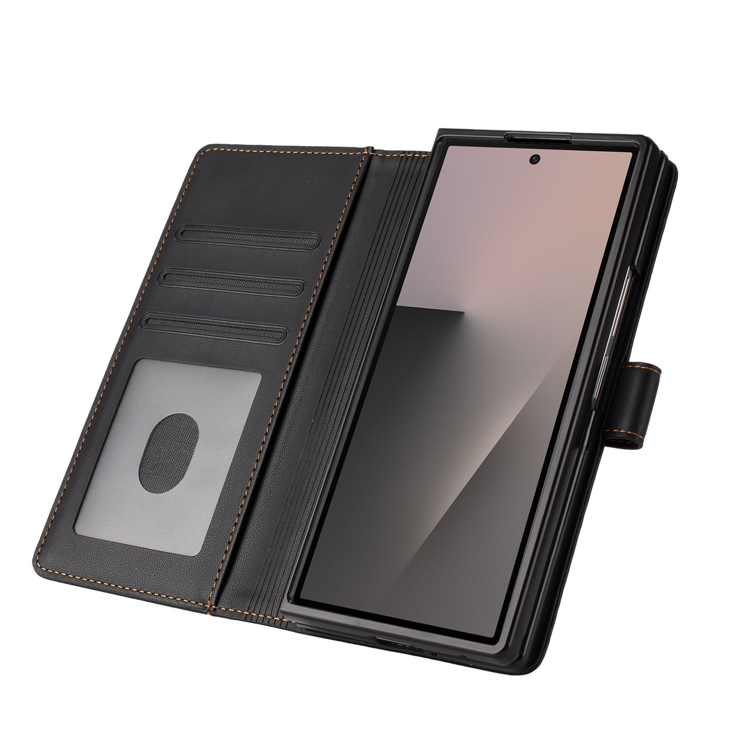 For Samsung Galaxy Z Fold7 5G Leather Case Wallet Stand Phone Cover with Wrist Strap - Black