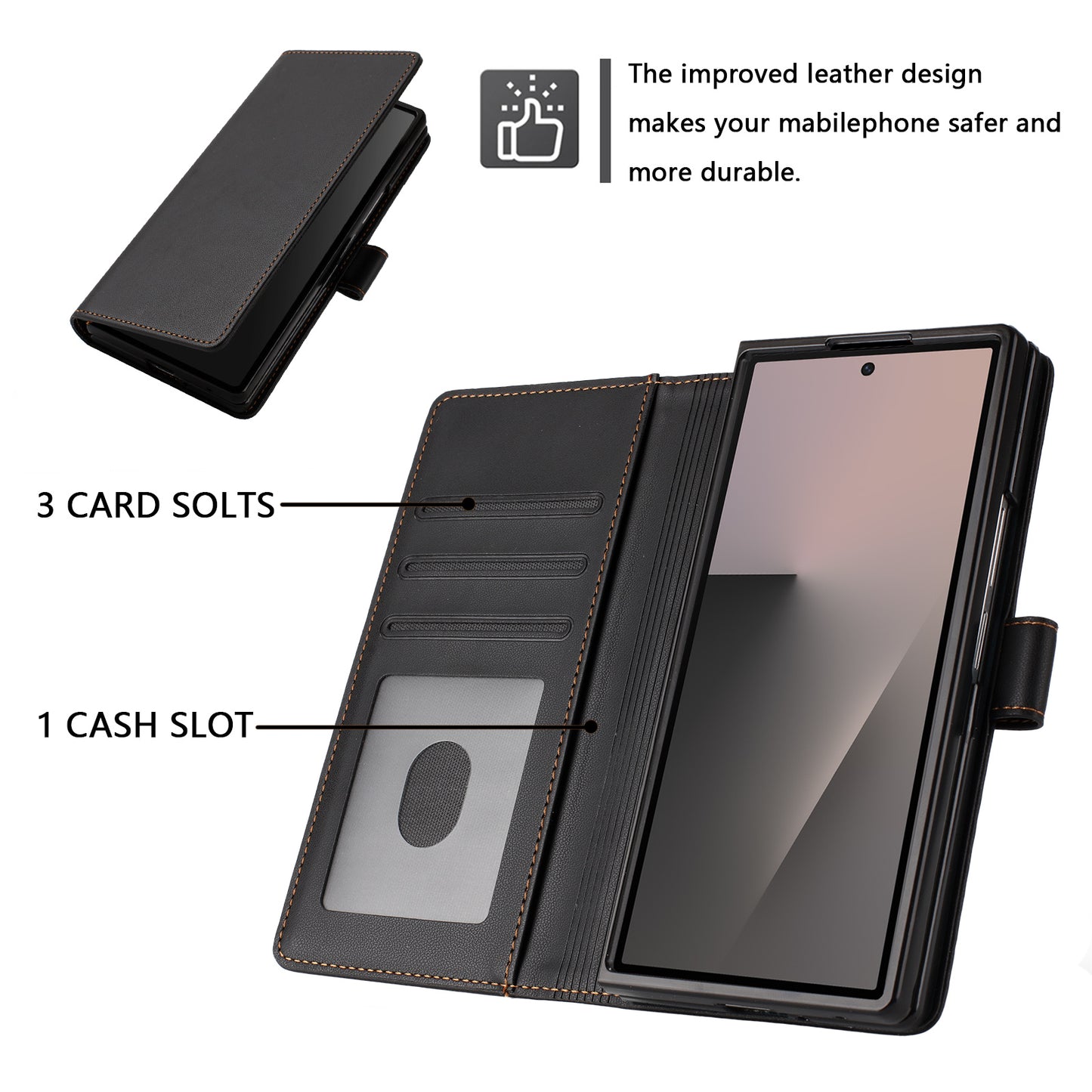For Samsung Galaxy Z Fold7 5G Leather Case Wallet Stand Phone Cover with Wrist Strap - Black