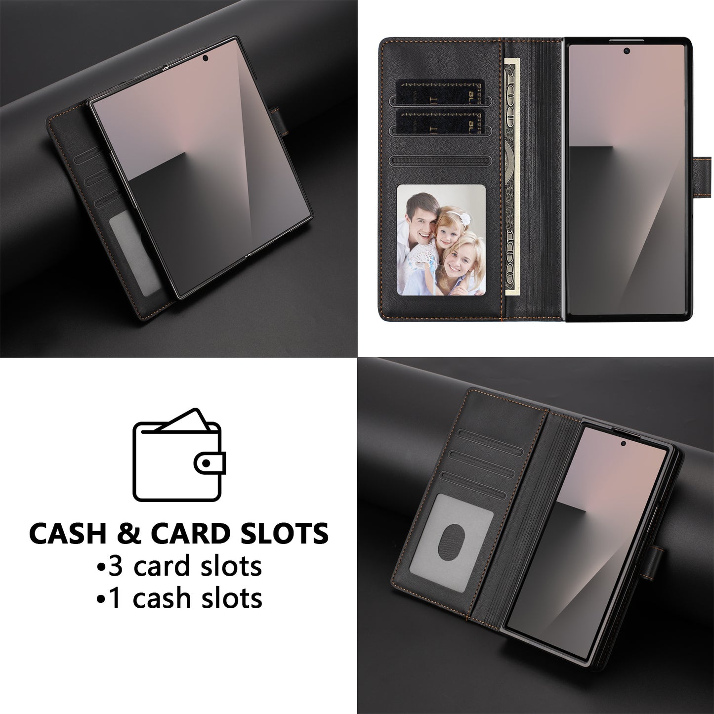 For Samsung Galaxy Z Fold7 5G Leather Case Wallet Stand Phone Cover with Wrist Strap - Black