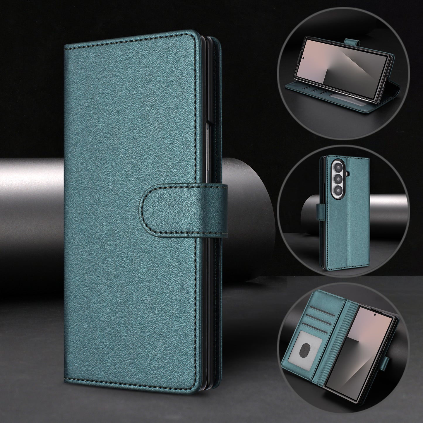 For Samsung Galaxy Z Fold7 5G Leather Case Wallet Stand Phone Cover with Wrist Strap - Green