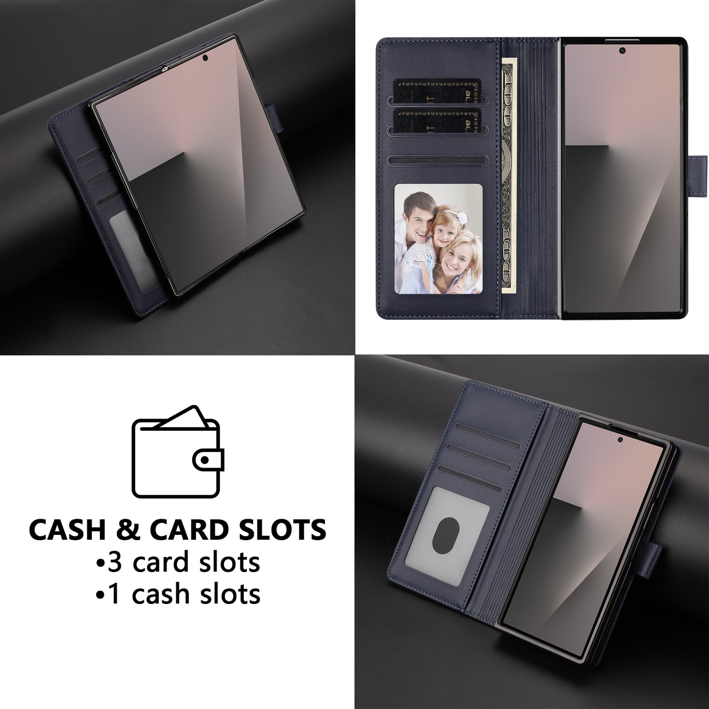 For Samsung Galaxy Z Fold7 5G Leather Case Wallet Stand Phone Cover with Wrist Strap - Blue