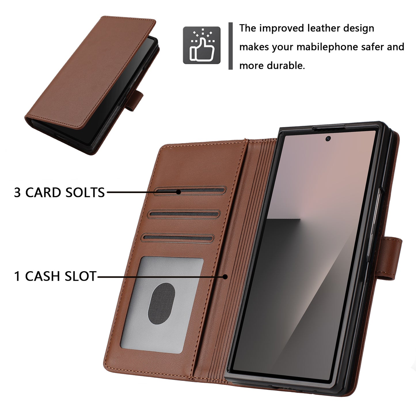 For Samsung Galaxy Z Fold7 5G Leather Case Wallet Stand Phone Cover with Wrist Strap - Brown