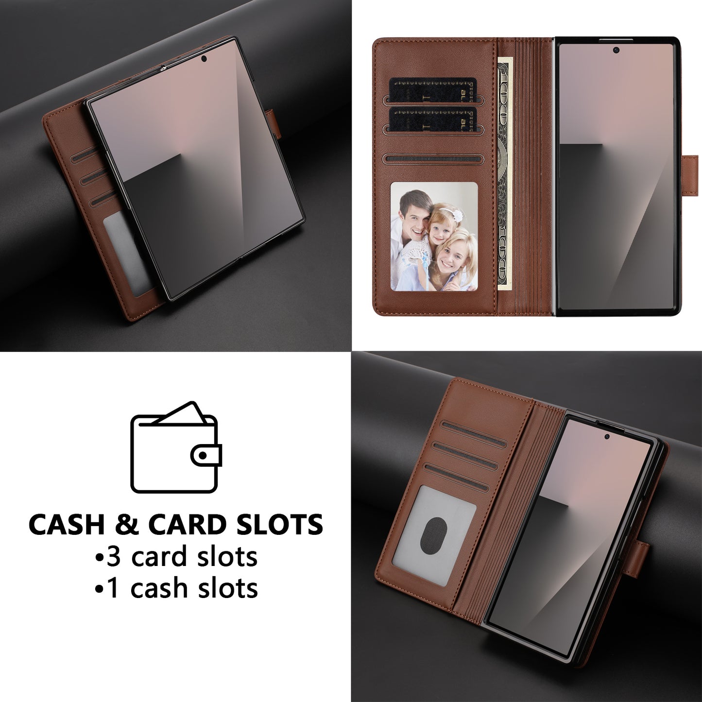 For Samsung Galaxy Z Fold7 5G Leather Case Wallet Stand Phone Cover with Wrist Strap - Brown