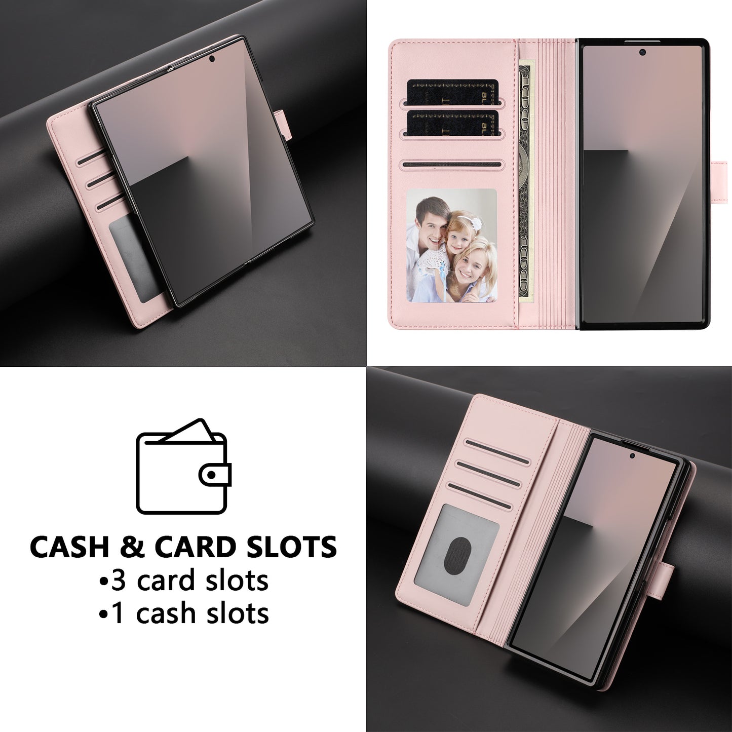 For Samsung Galaxy Z Fold7 5G Leather Case Wallet Stand Phone Cover with Wrist Strap - Pink
