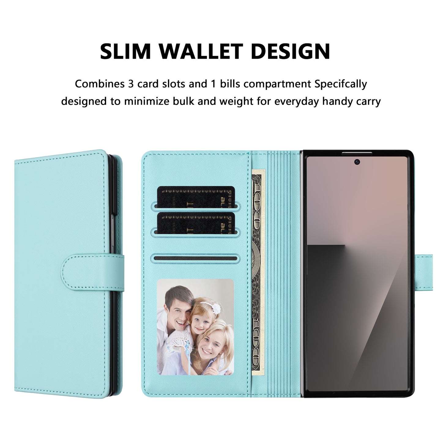For Samsung Galaxy Z Fold7 5G Leather Case Wallet Stand Phone Cover with Wrist Strap - Mint Green