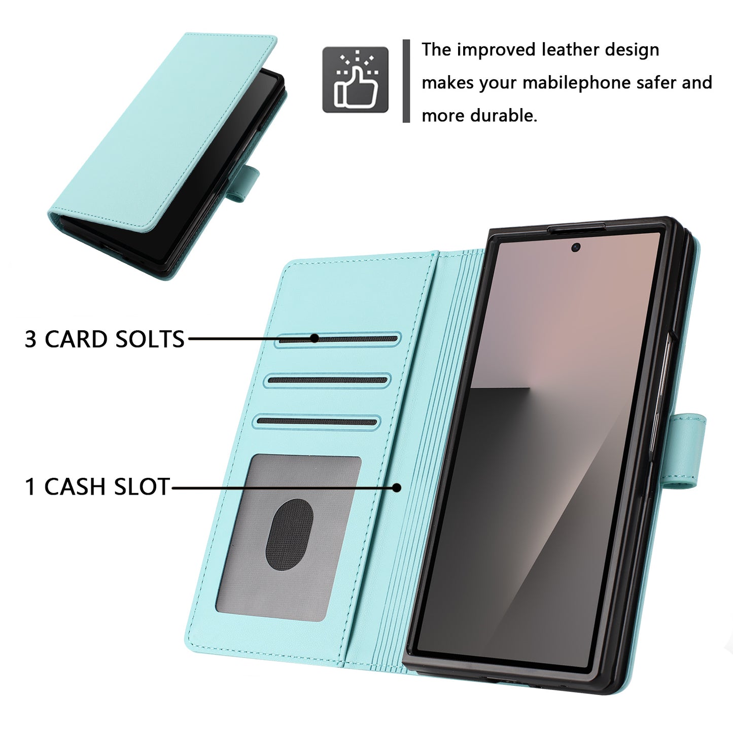 For Samsung Galaxy Z Fold7 5G Leather Case Wallet Stand Phone Cover with Wrist Strap - Mint Green