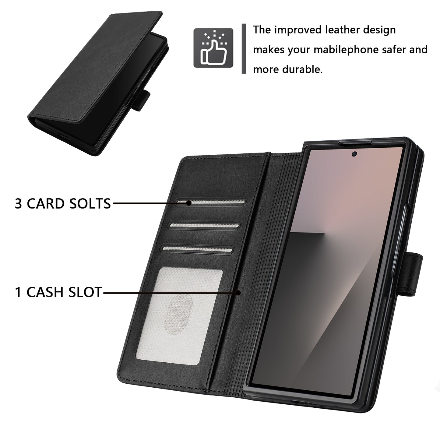 For Samsung Galaxy Z Fold7 5G Wallet Case RFID Blocking Calf Texture Leather Stand Phone Cover with Strap - Black