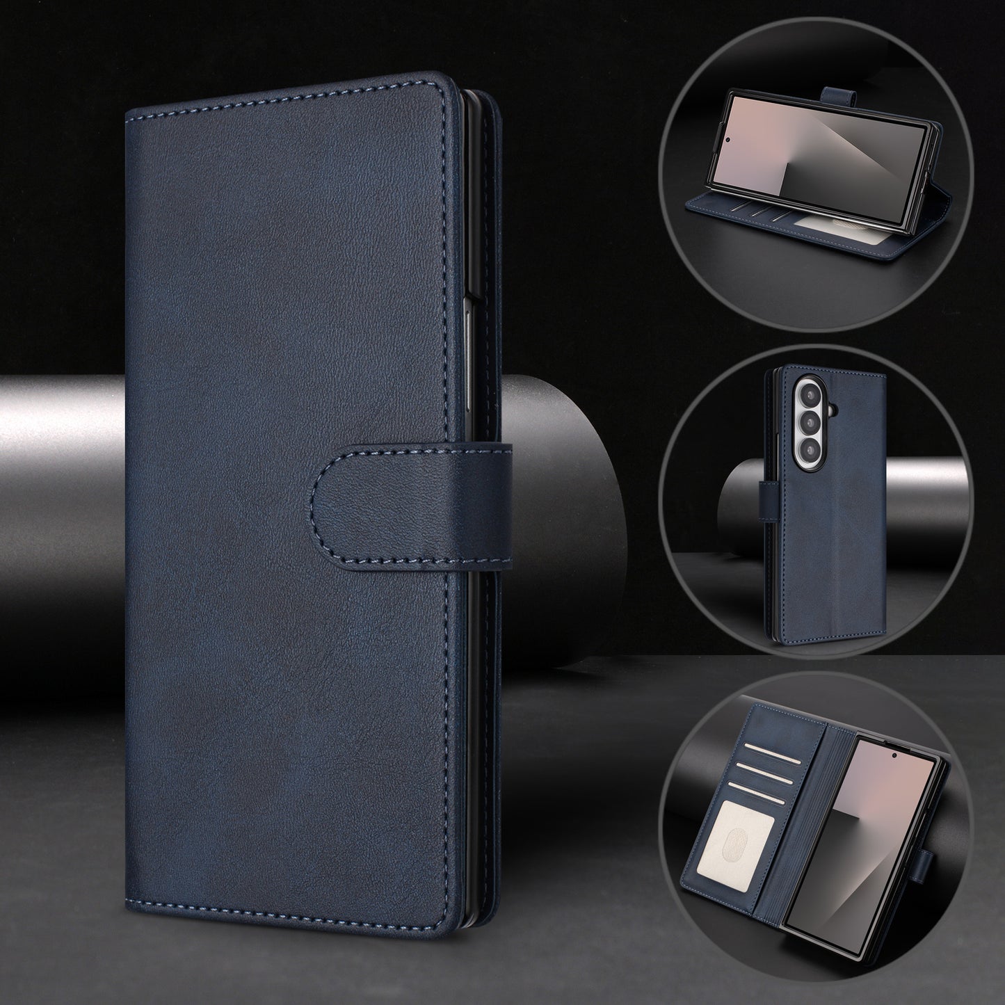 For Samsung Galaxy Z Fold7 5G Wallet Case RFID Blocking Calf Texture Leather Stand Phone Cover with Strap - Blue