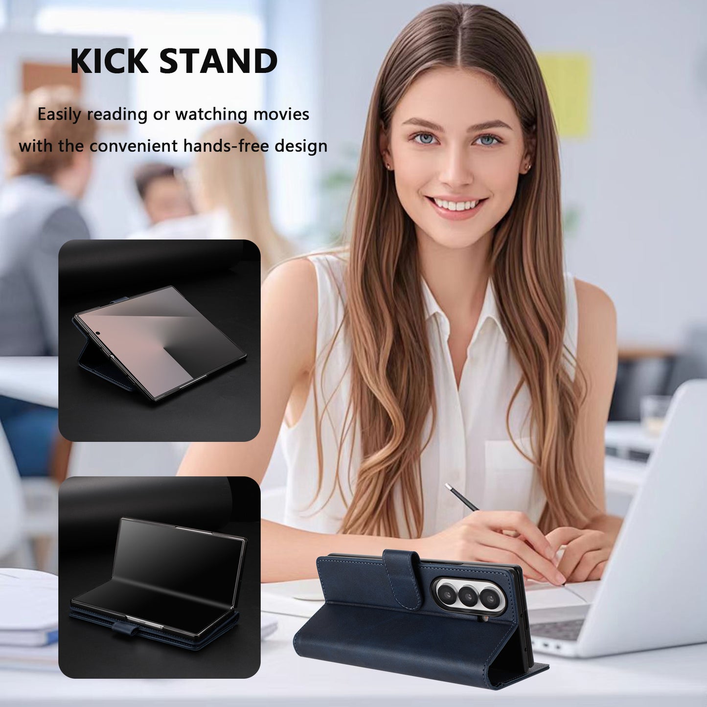 For Samsung Galaxy Z Fold7 5G Wallet Case RFID Blocking Calf Texture Leather Stand Phone Cover with Strap - Blue