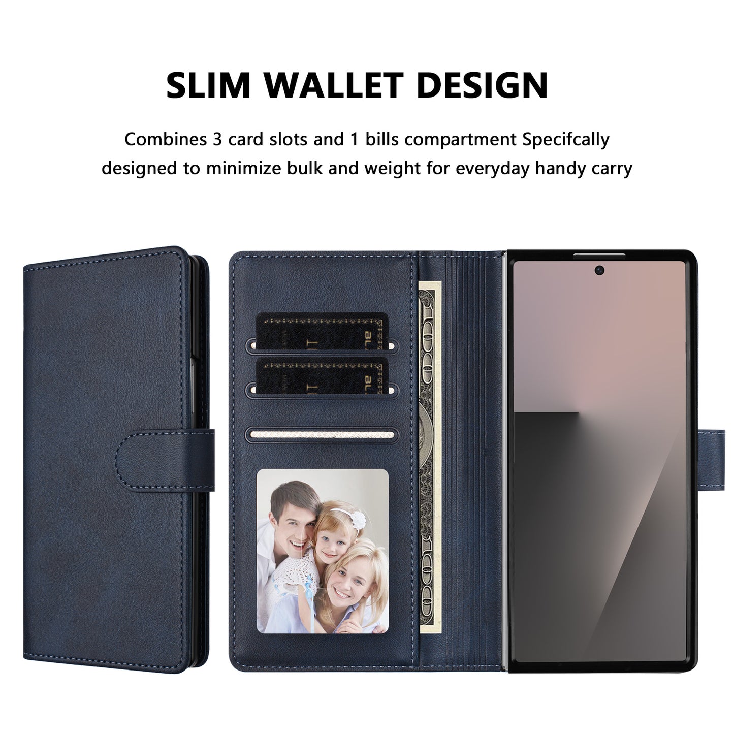 For Samsung Galaxy Z Fold7 5G Wallet Case RFID Blocking Calf Texture Leather Stand Phone Cover with Strap - Blue