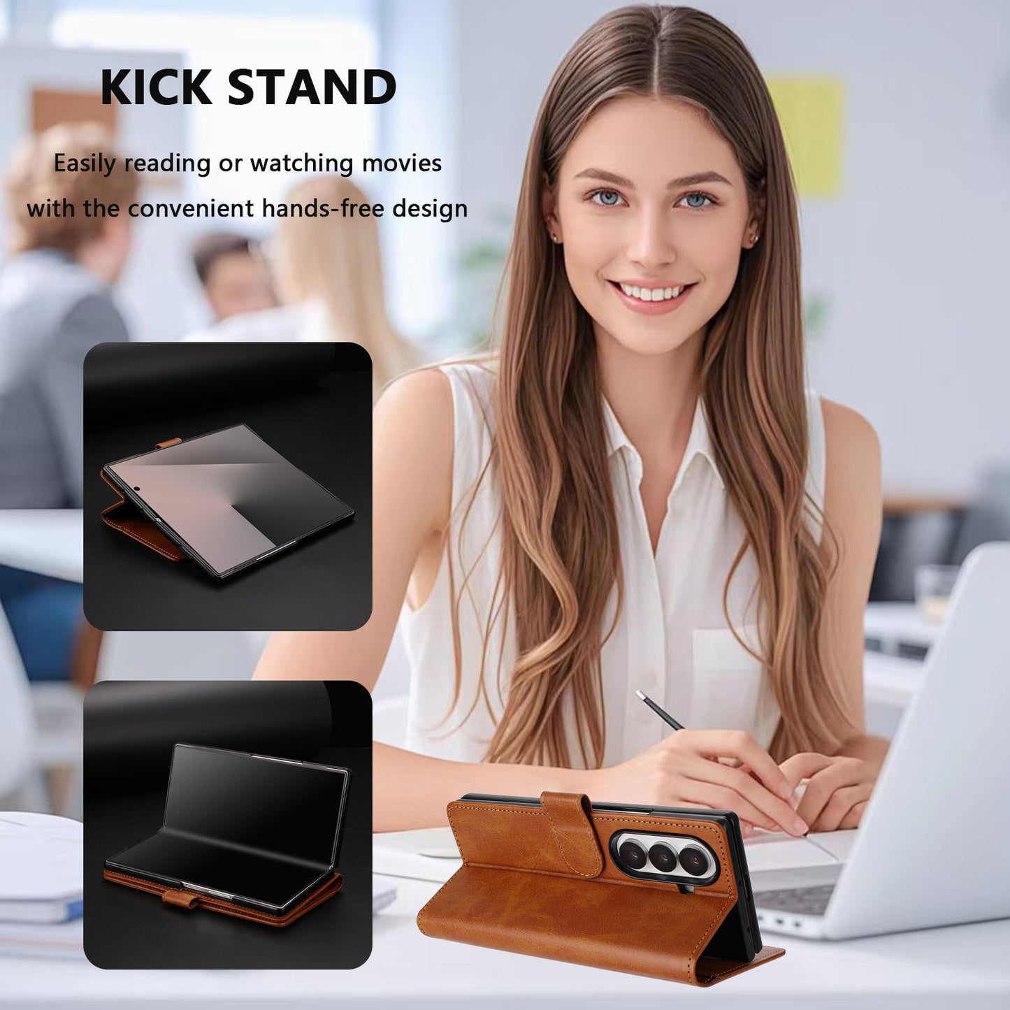 For Samsung Galaxy Z Fold7 5G Wallet Case RFID Blocking Calf Texture Leather Stand Phone Cover with Strap - Brown