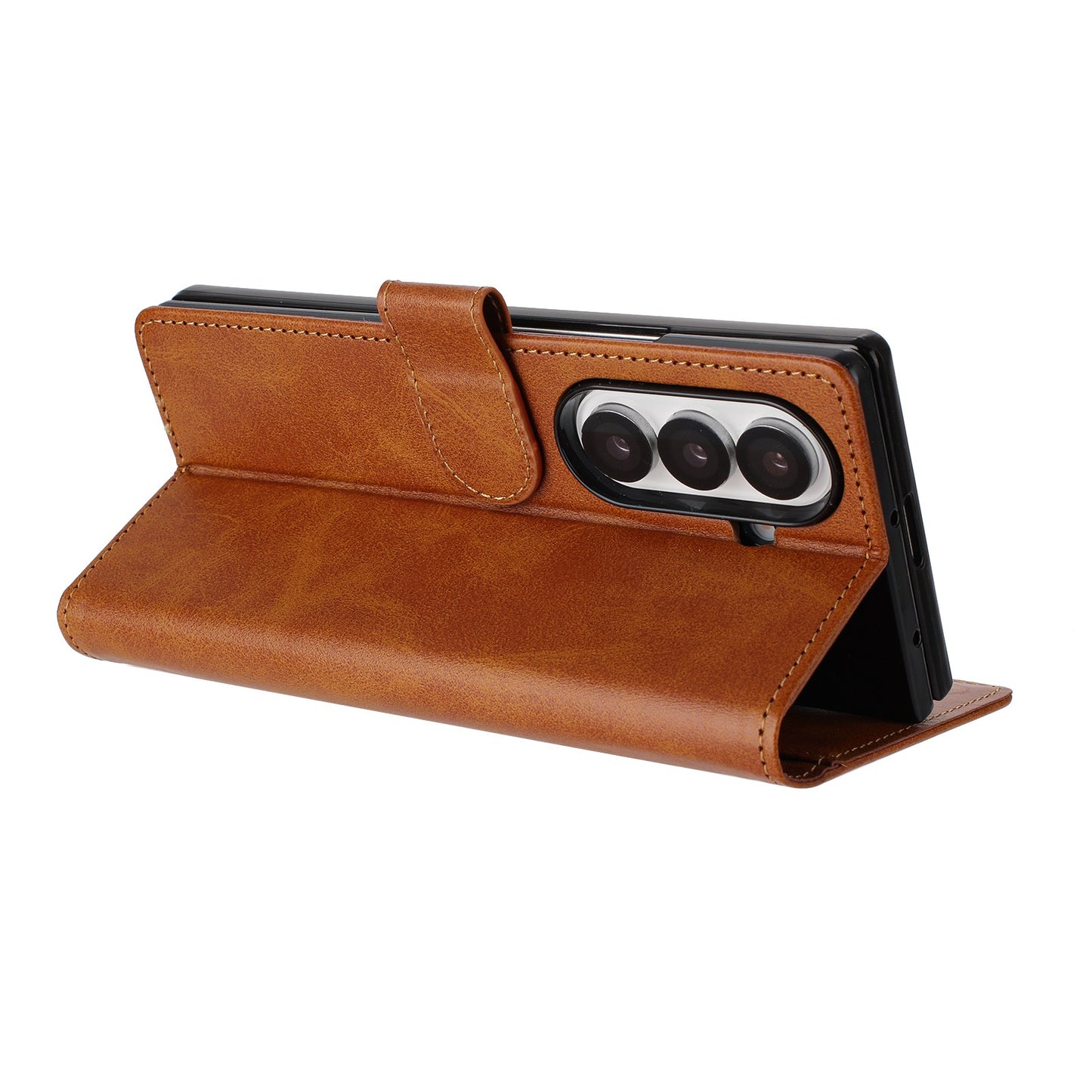 For Samsung Galaxy Z Fold7 5G Wallet Case RFID Blocking Calf Texture Leather Stand Phone Cover with Strap - Brown