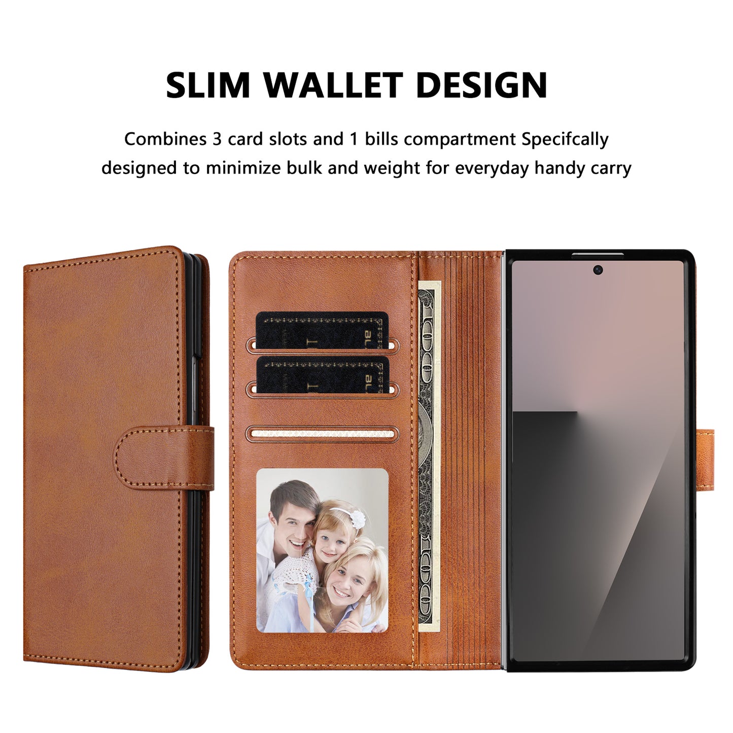 For Samsung Galaxy Z Fold7 5G Wallet Case RFID Blocking Calf Texture Leather Stand Phone Cover with Strap - Brown